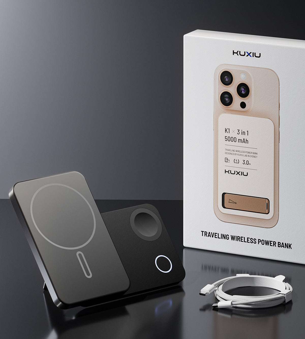 KUXIU K1 15W Fast Charging 3-in-1 MagSafe Power Bank - Black