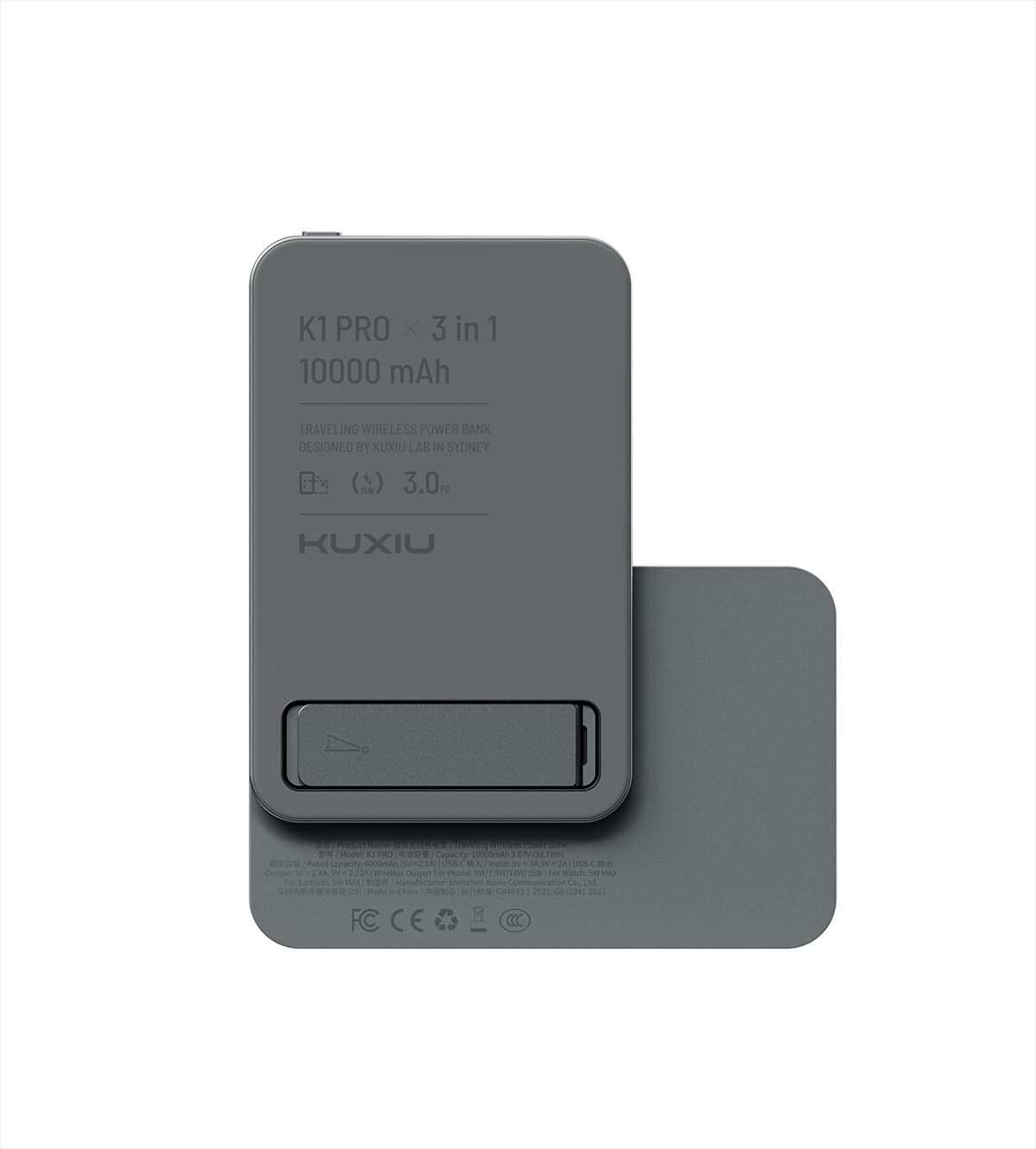 KUXIU K1 15W Fast Charging 3-in-1 MagSafe Power Bank - Gray
