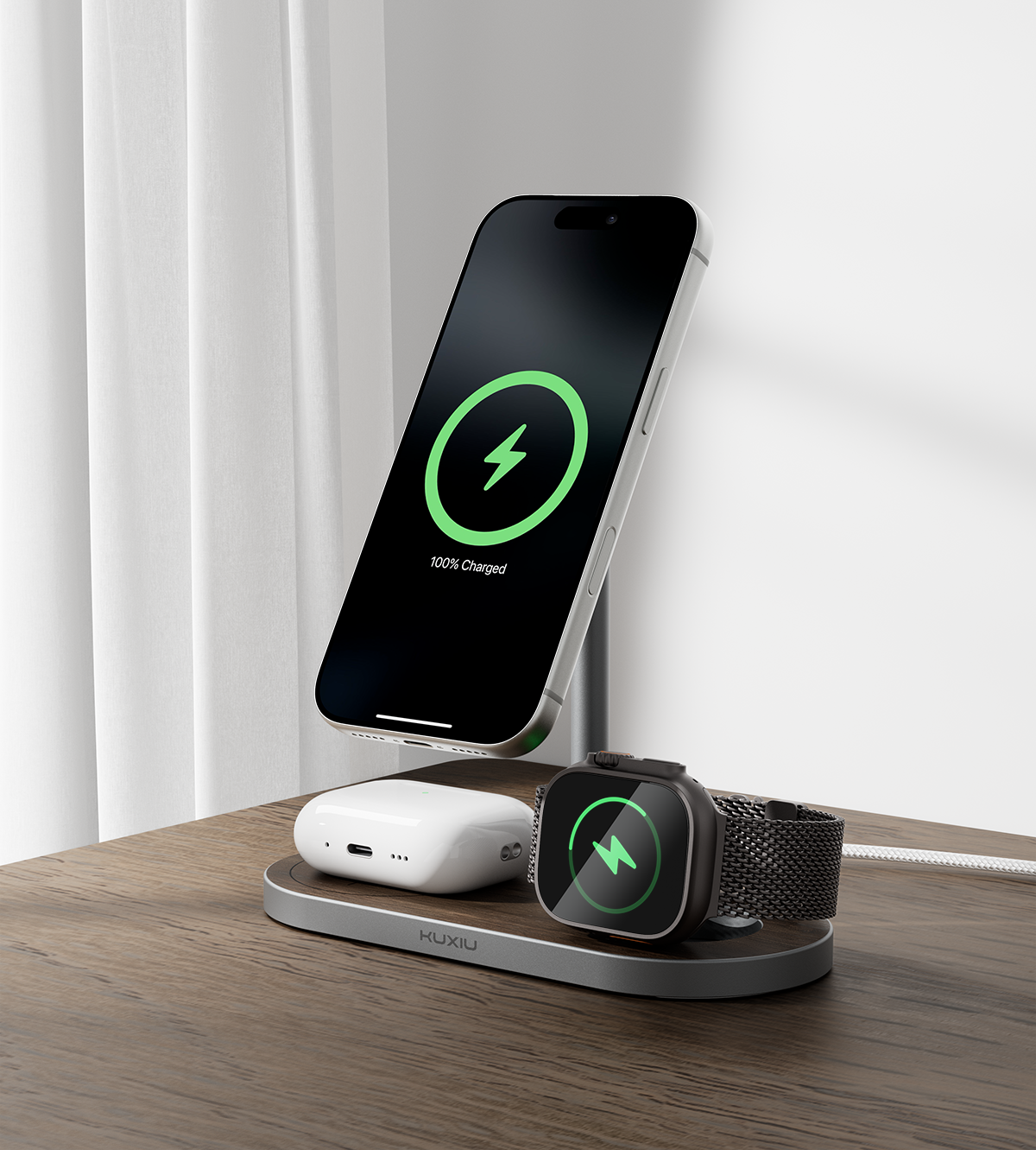 KUXIU X23 Pro 3-In-1 Magnetic Wireless Charger & Stand Kit - Wood
