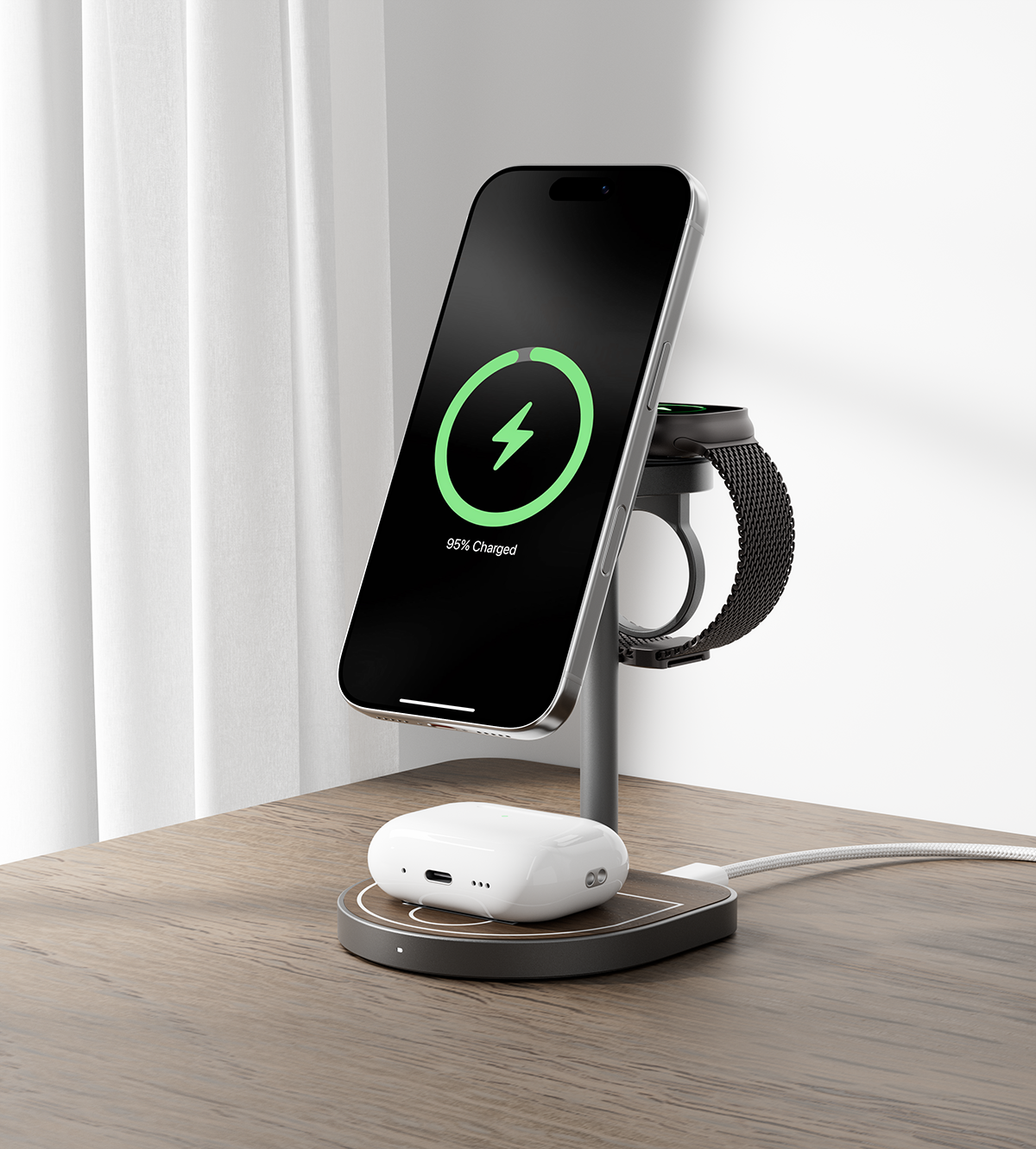 3-Point Power Creative Qi2 Certified 3-in-1 MagSafe Charging Stand · Wood Grain
