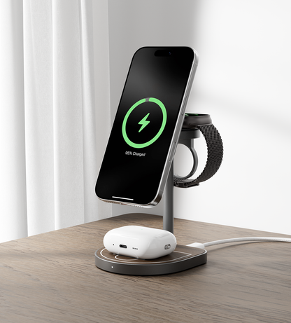 3-Point Power Creative Qi2 Certified 3-in-1 MagSafe Charging Stand · Wood Grain
